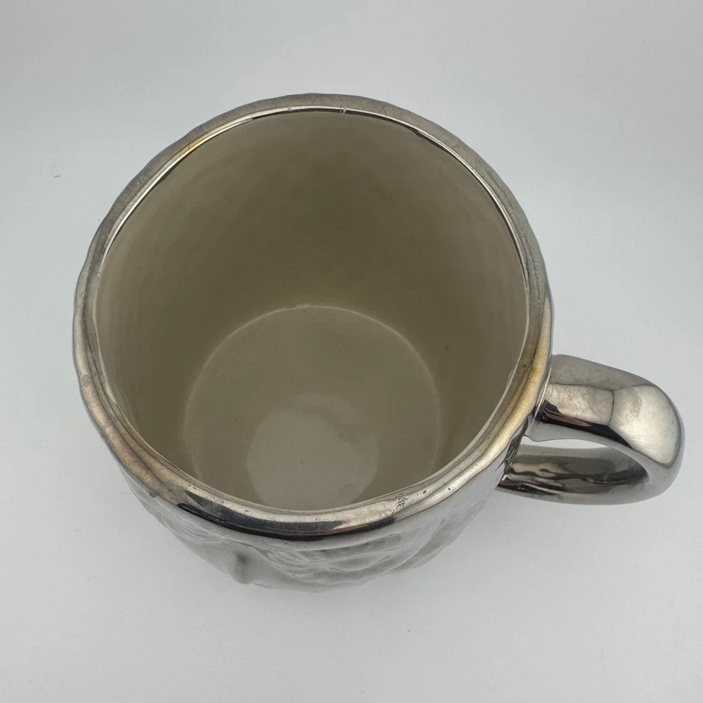West Elm Owl Coffee Mug Metallic Silver Ceramic Textured Hammered Cup‎